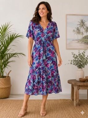 SUNDAY MI AMOR Blue Purple Tropical Floral Tiered Maxi Dress With a V-neckline